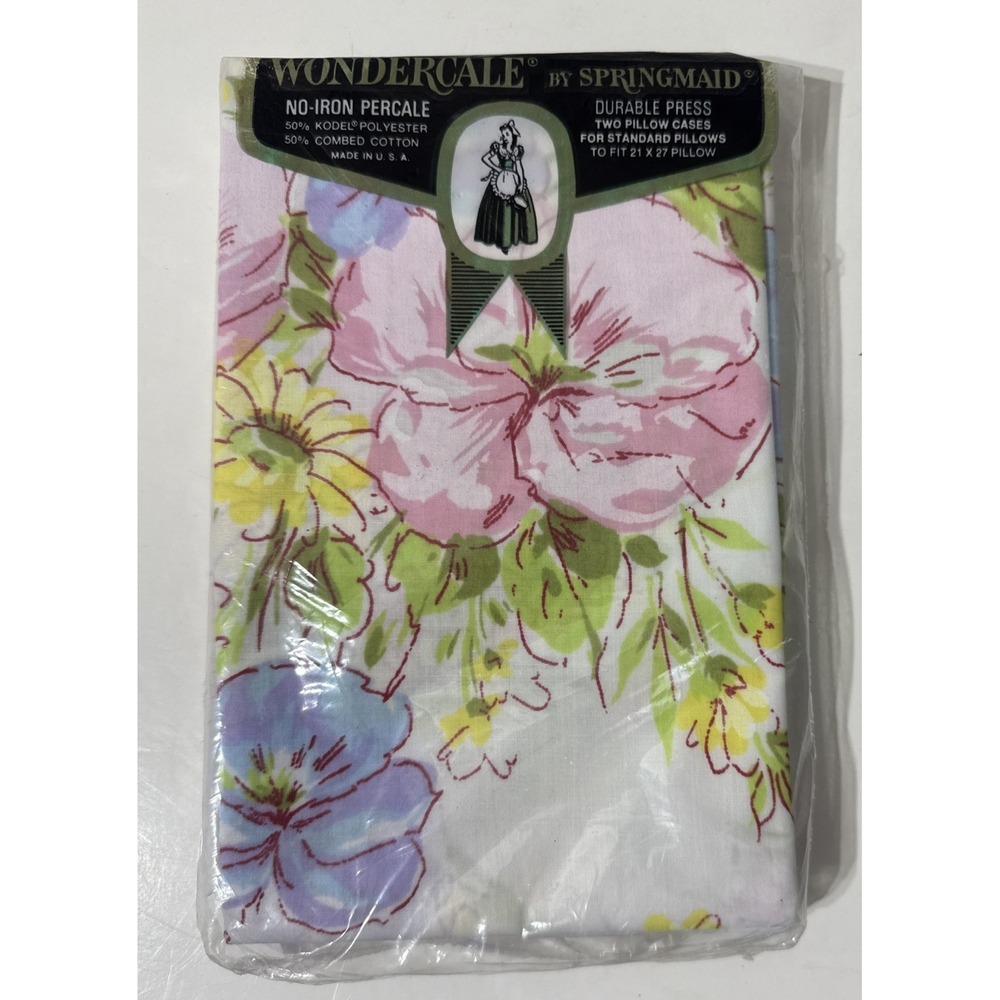 Vintage Springmaid Standard Pillowcase SET Pastel Floral Daisies‎ Wondercale NOS
